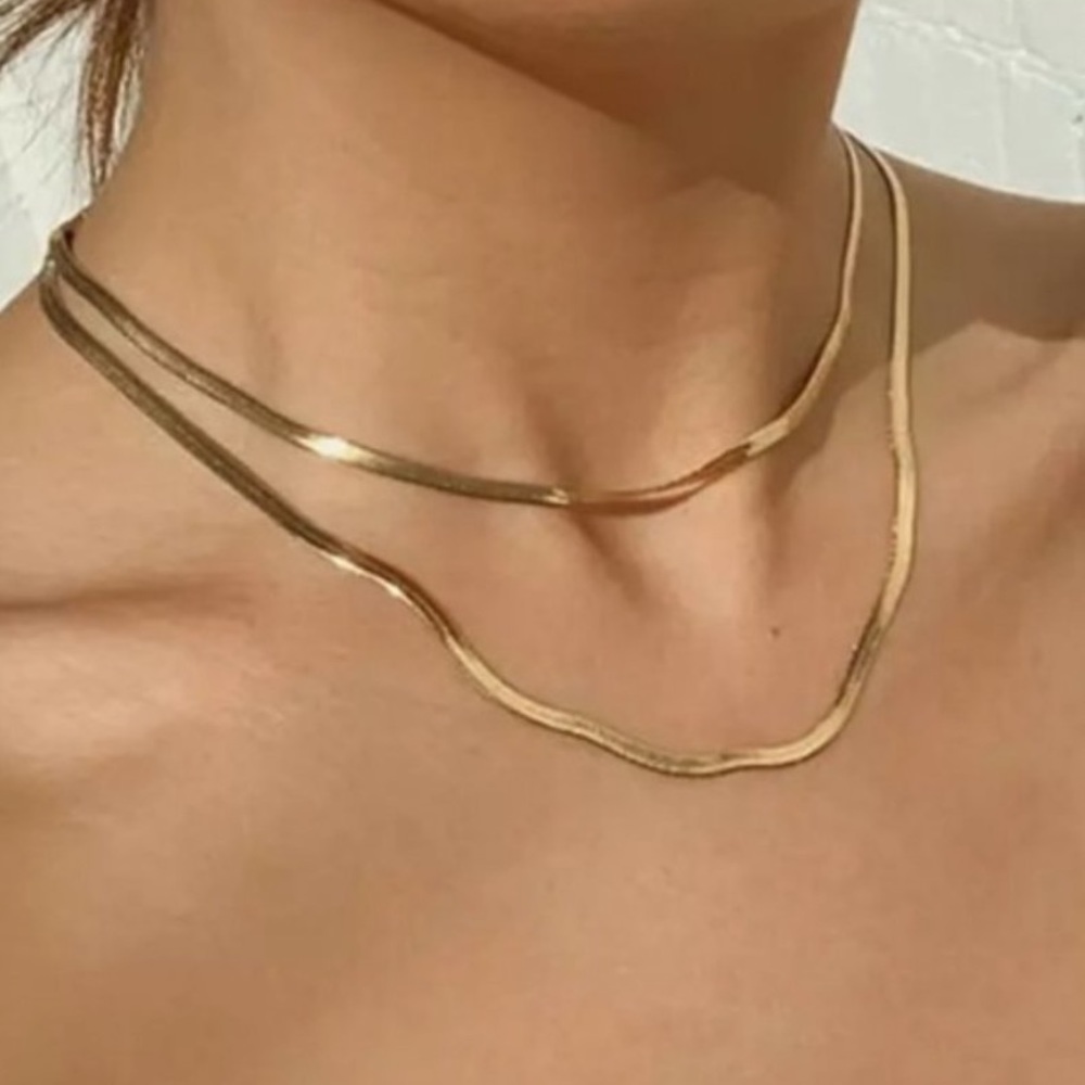NEW 18K GOLD NECKLACE DOUBLE LAYERED HERRINGBONE NECKLACE